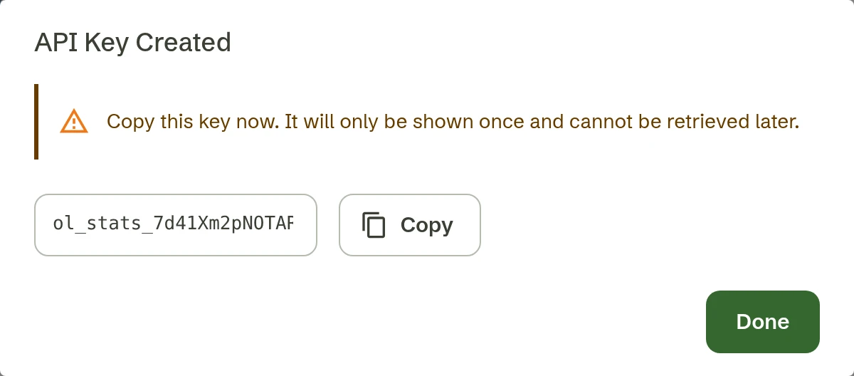A new API key, shown once, with a button to copy it