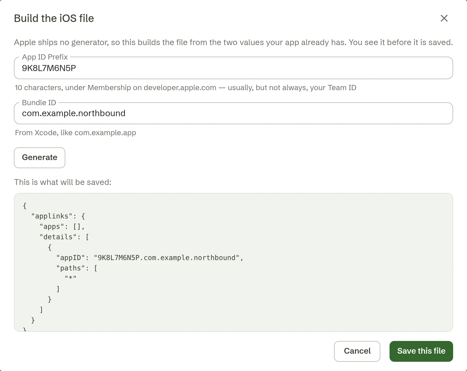 Die iOS-Datei wird aus App ID Prefix und Bundle ID erstellt und vor dem Speichern angezeigt