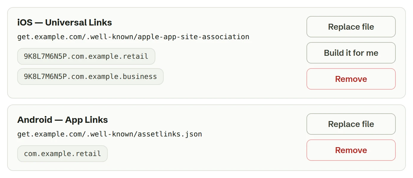 The Open in app panel of a custom domain, with the iOS and Android files both in place
