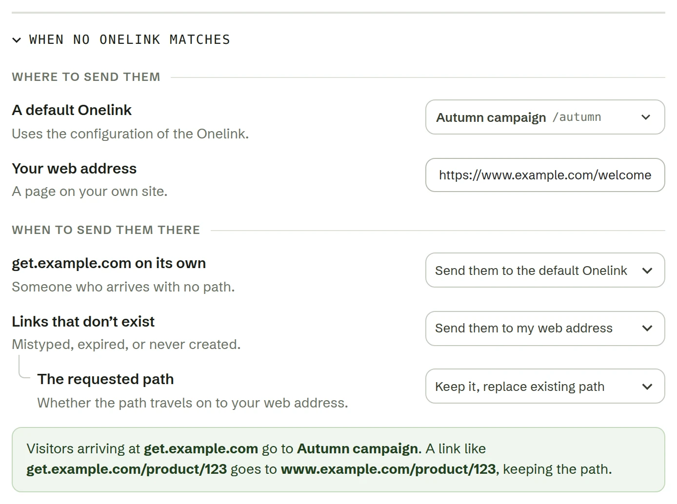 Où le domaine envoie les visiteurs : get.example.com seul va vers le Onelink de la campagne Autumn, les liens qui n’existent pas vont vers le site web
