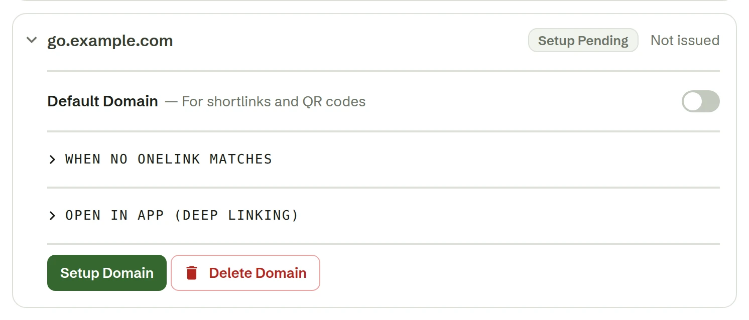 Un domaine tout juste ajouté, en « Setup Pending », avec le bouton « Setup Domain »