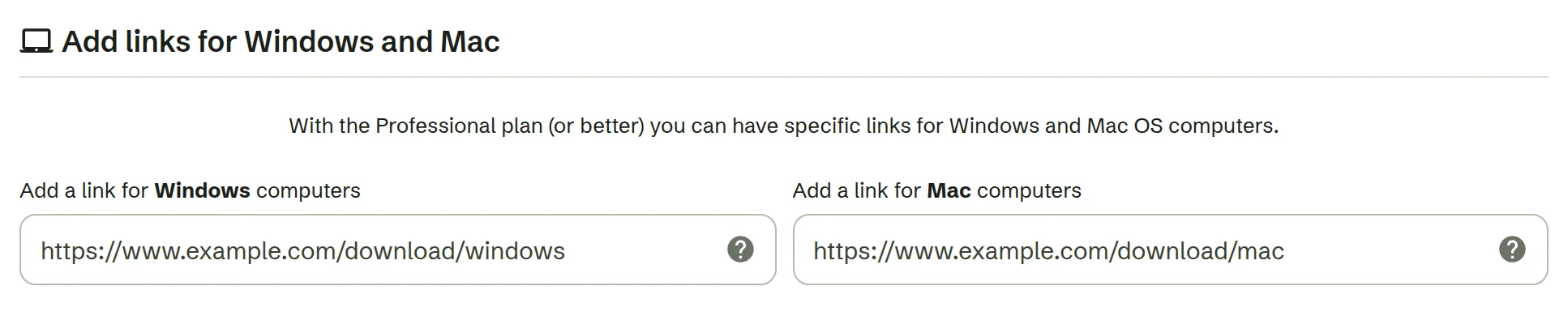 Die Felder für Windows und Mac im Onelink-Editor, jeweils mit einer eigenen Download-Seite