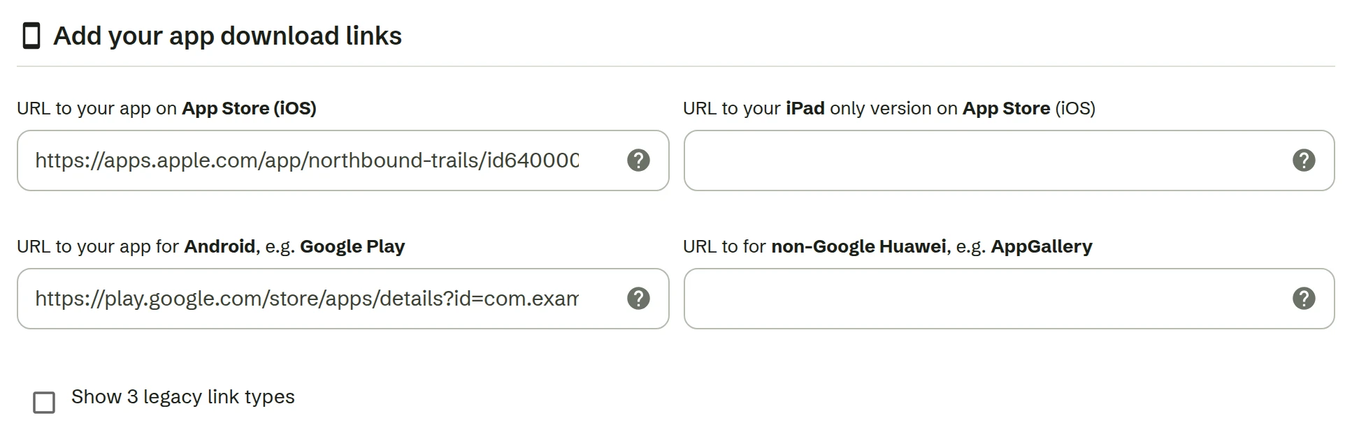 The app store fields of the Onelink editor, filled in with App Store and Google Play links
