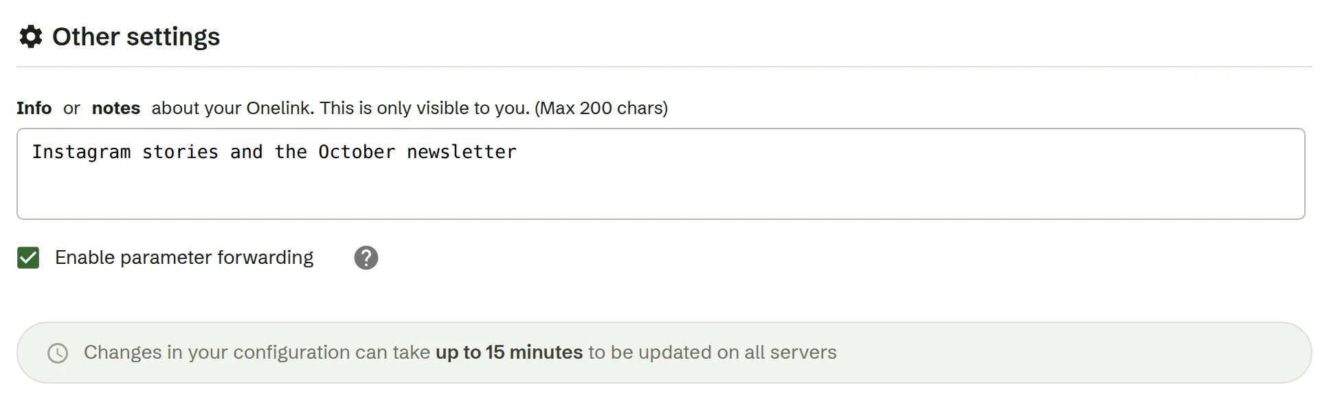 Other settings in the Onelink editor, with parameter forwarding switched on