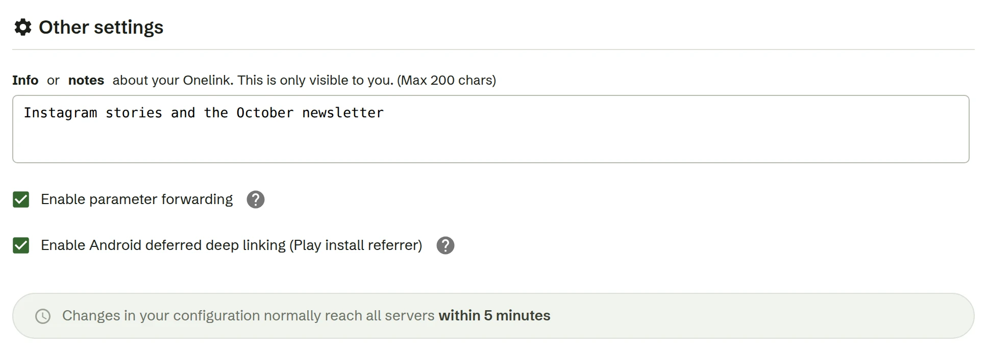 Other settings in the Onelink editor, with Android deferred deep linking switched on