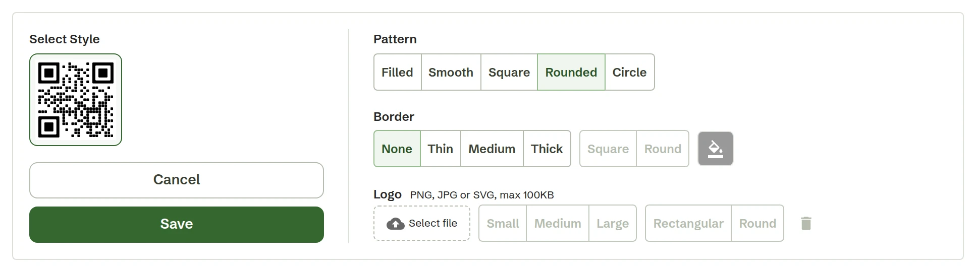 O editor de estilo QR, com o padrão Rounded selecionado e o código QR estilizado na pré-visualização